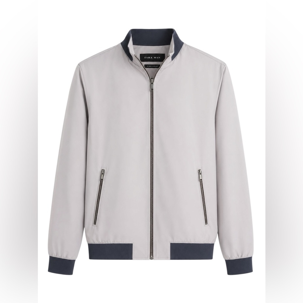 Zara Men's Light Gray Bomber Jacket with Dark Trim